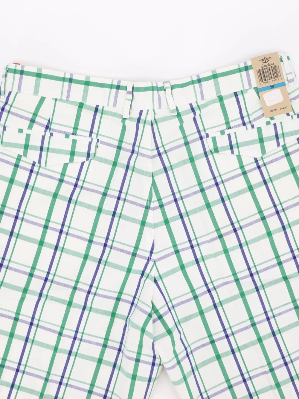 New Dockers Men's D2 Size 36 White Plaid Shorts with Green and Navy Stripes